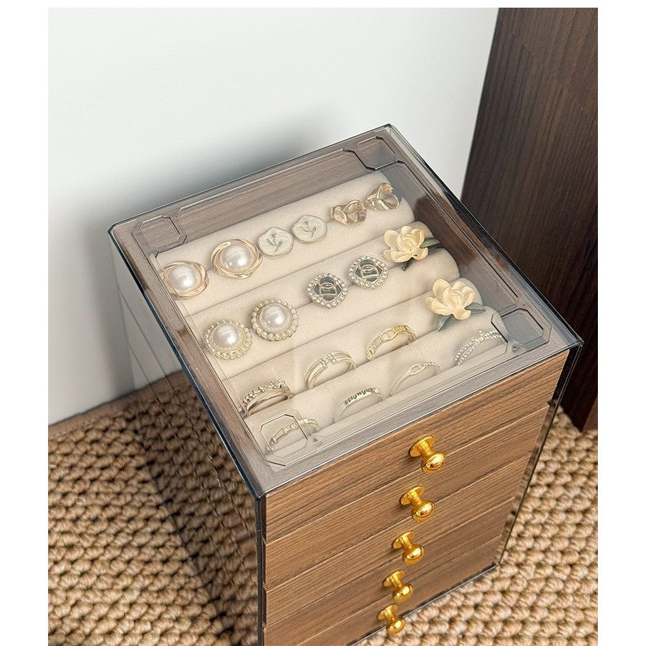 Shopclassyshop MINI 5 layer Wood Exquisite jewelry organizer box drawer women's velvet ring earrings necklace display