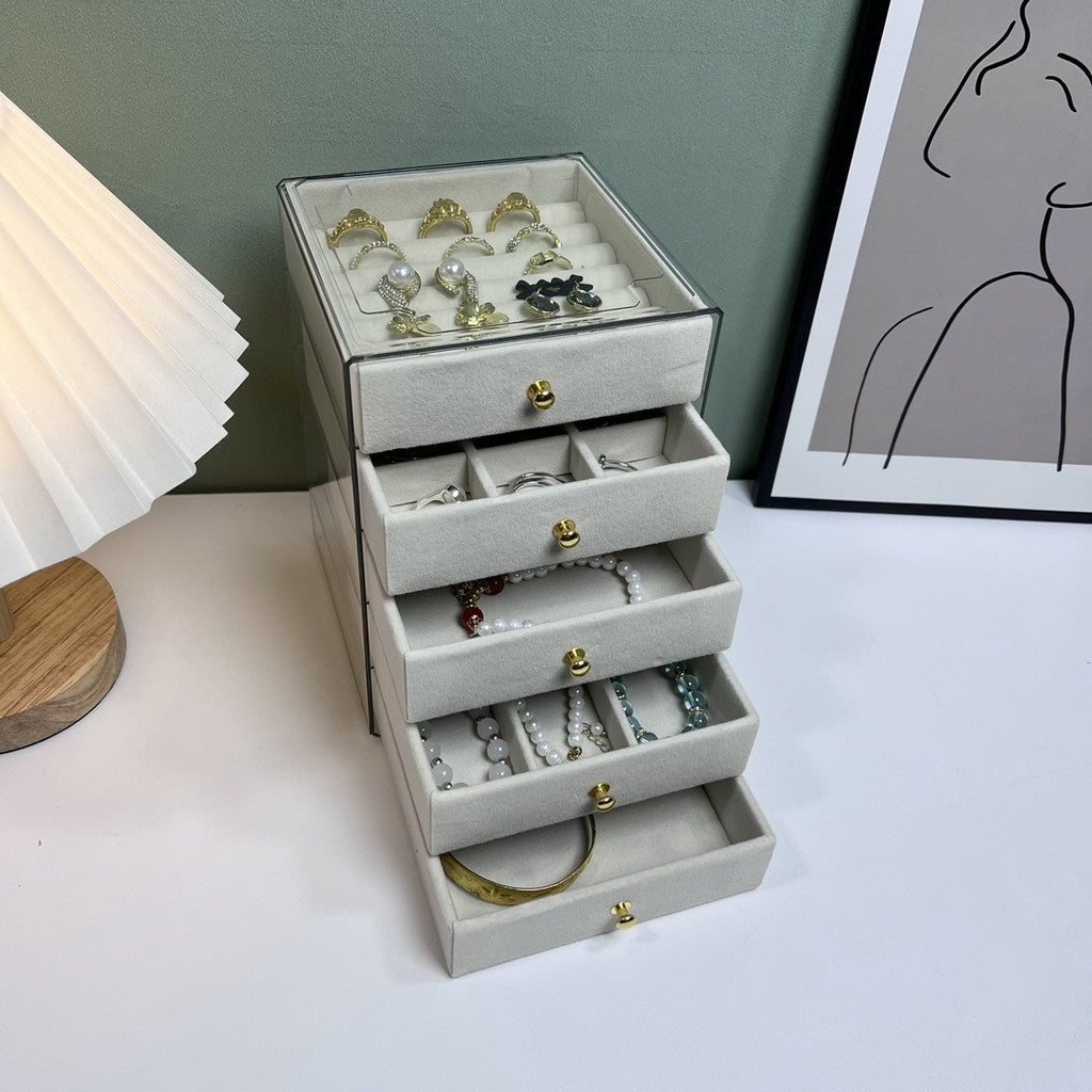 Shopclassyshop MINI 5 layer Exquisite transparent Cream jewelry box drawer women's velvet ring earrings necklace display