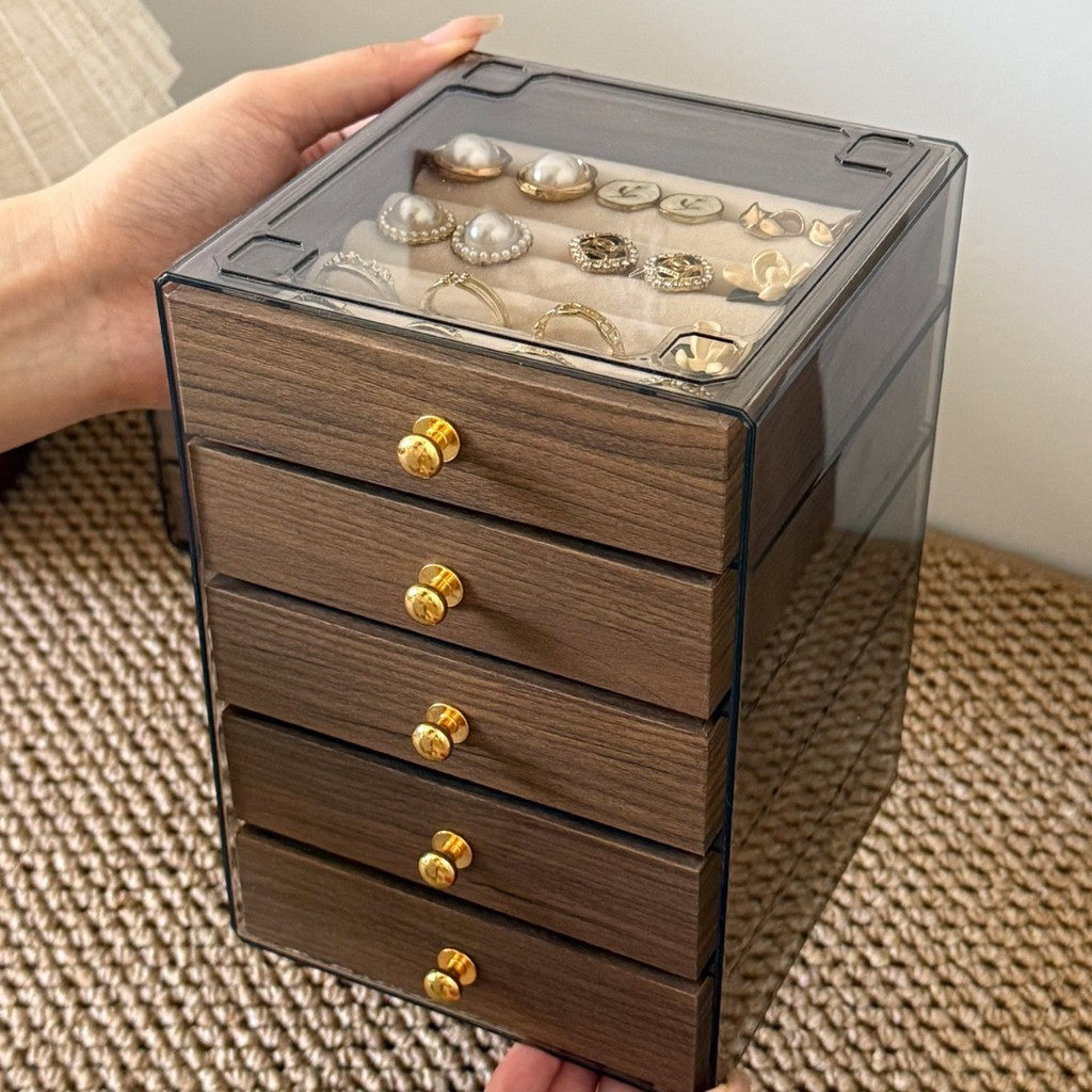 Shopclassyshop MINI 5 layer Wood Exquisite jewelry organizer box drawer women's velvet ring earrings necklace display