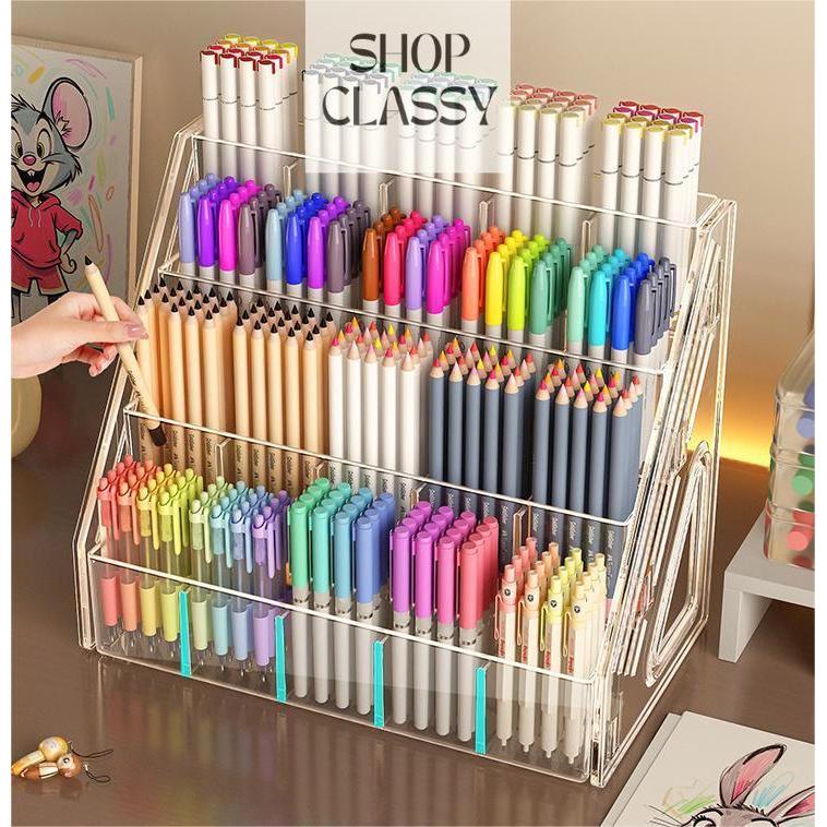 Shopclassyshop Multifunctional Desktop Pen Holder Large Cosmetics Organizer Storage Rack, Step Design with Compartments
