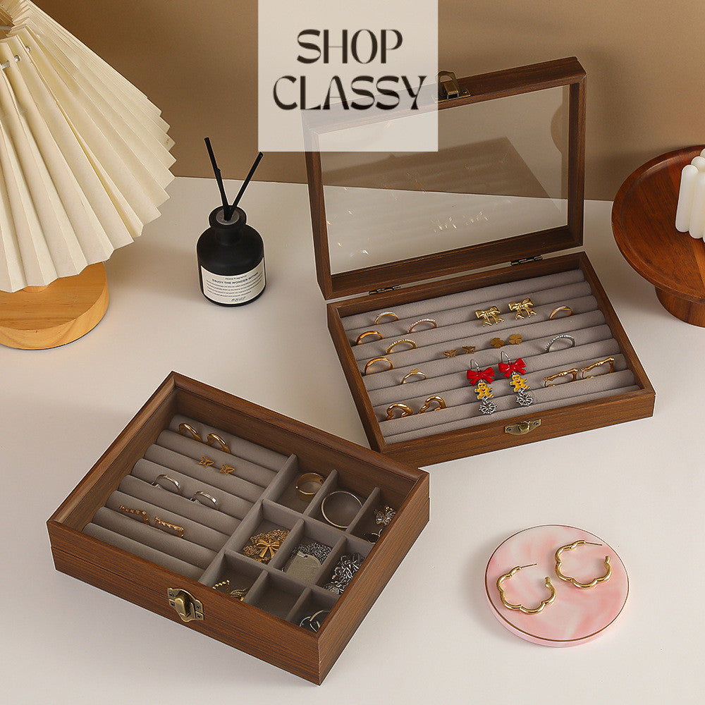 Shopclassyshop wood grain Jewelry storage box multi-functional compartment dust-proof display gift box jewelry organizer