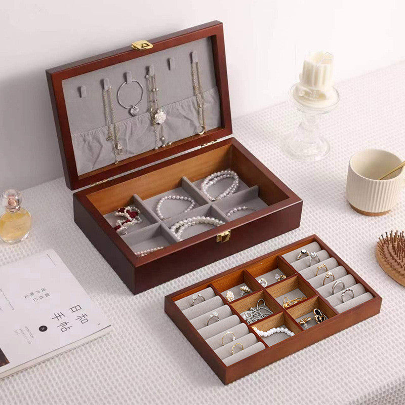 Shopclassyshop Solid wood jewelry organizer box+first layer lock large capacity multifunctional jewelry Organizer  box