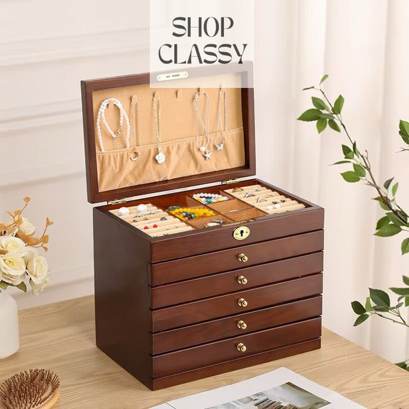 Shopclassyshop Solid wood jewelry organizer box+first layer lock large capacity multifunctional jewelry Organizer  box