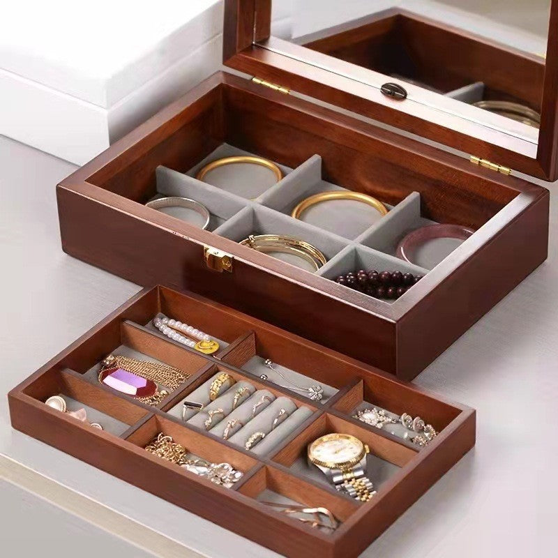 Shopclassyshop Solid wood jewelry organizer box+first layer lock large capacity multifunctional jewelry Organizer  box