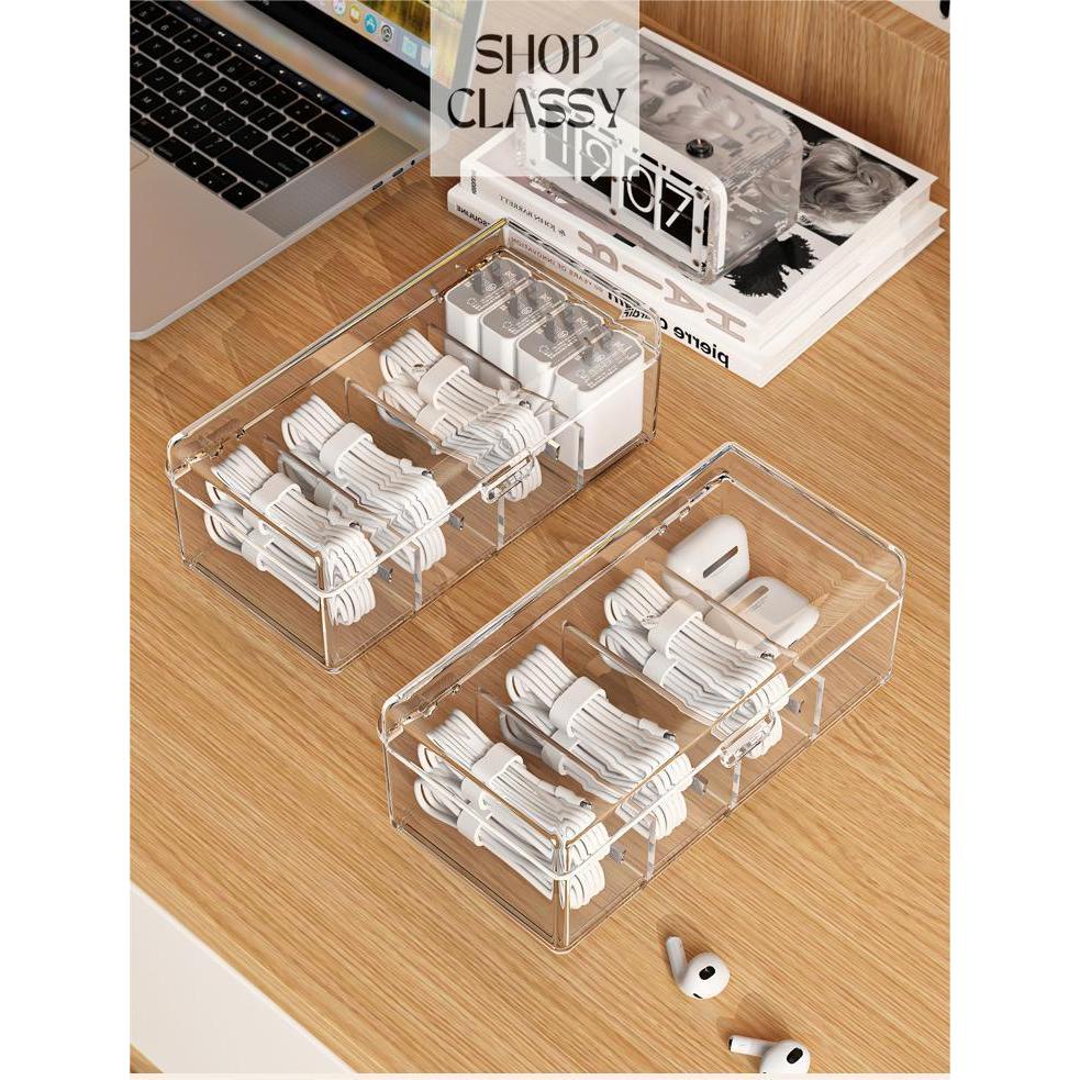 Transparent dust free compartment 4 Slots multifunctional storage box for data cables, power chargers