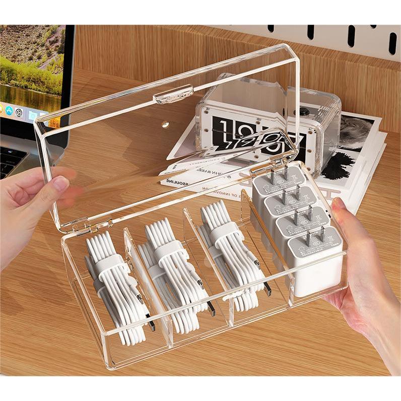Transparent dust free compartment 4 Slots multifunctional storage box for data cables, power chargers