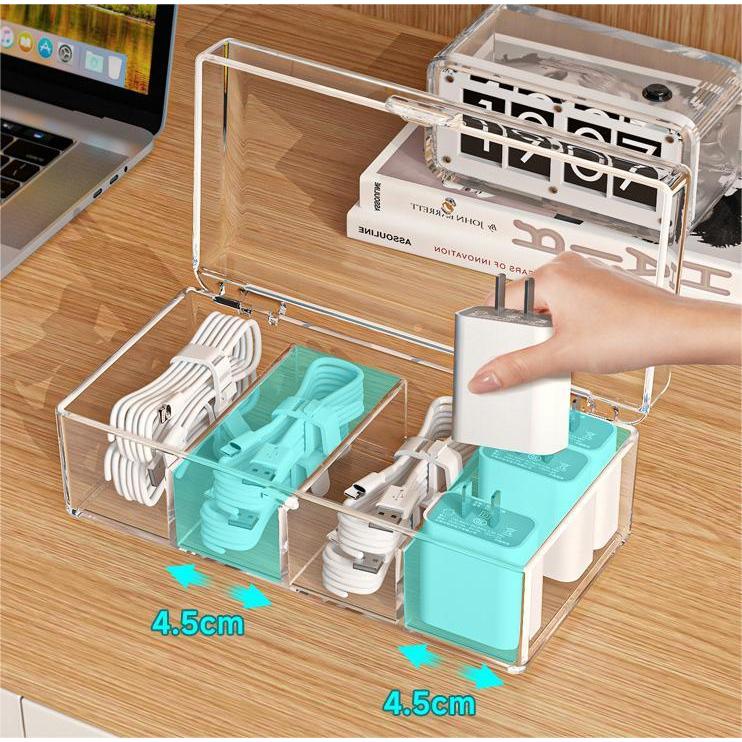 Transparent dust free compartment 4 Slots multifunctional storage box for data cables, power chargers