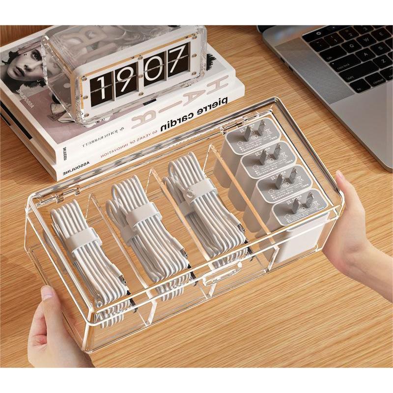 Transparent dust free compartment 4 Slots multifunctional storage box for data cables, power chargers