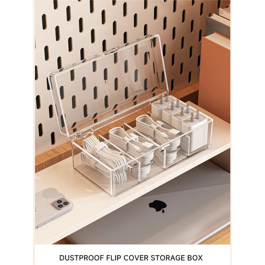 Transparent dust free compartment 4 Slots multifunctional storage box for data cables, power chargers