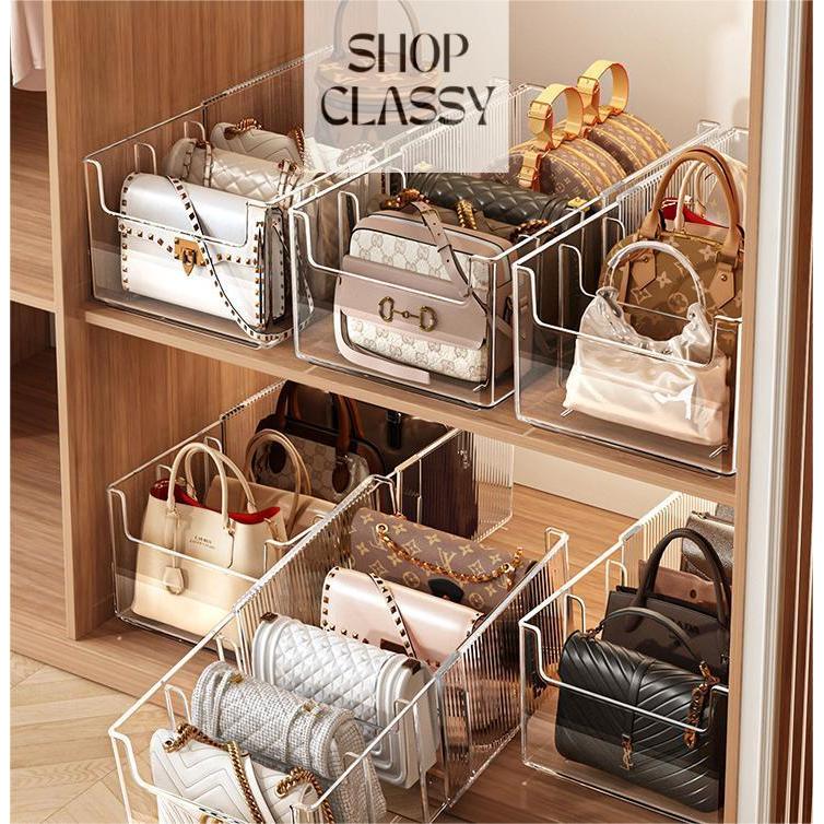 Shopclassyshop Multi Functional Transparent Bag Storage Box-Detachable Grib Divider for Wardroble Organization